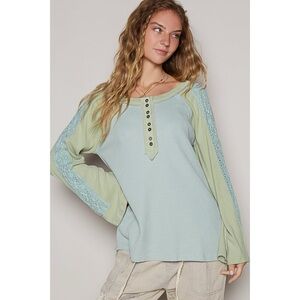 POL Sage Green Henley Top | Rib & Waffle Knit Lace Sleeve